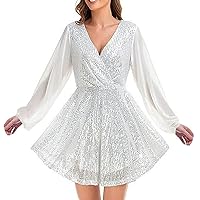 Sequin Dress for Women Party Night Sexy Wrap V Neck Long Sleeve Mini Dress Sparkly Glitter Evening Cocktail Dresses