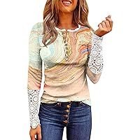 Thermal Shirts for Women, Women's Round Neck Autumn Slim Printed Stitching Lace Long Sleeve Fall Top