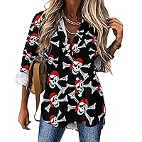 Skull Crossbones Pirate Flag Long Sleeve Shirts for Women Print Fashion Casual Button Down Tee Tops