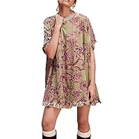 Women Vintage Velvet Mini Dress Round Neck Floral Babydoll Dress Summer Flowy Tunic Mini Dress