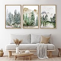 3 Pieces Minimalist Canvas Wall Art Sage Green Forest Mountain Picture Nature Landscape Print Artwork for Woodland Nursery Decoration with Inner Frame