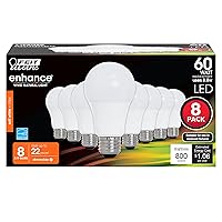 Feit Electric A19 LED Light Bulbs, 60W Equivalent, Dimmable, E26 Standard Base, 90 CRI, 800 Lumens, 2700K Soft White, 120V, 22 Years Lifetime, Damp Rated, 8 Pack, OM60DM/927CA/8