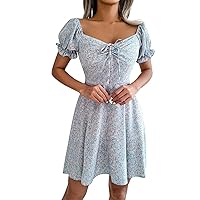 Floral Dress for Women Short, and Sexy Women's Casual Bell Sleeve Drawstring Lace Swing Dresses Summer, S XL