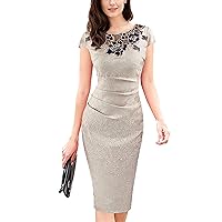Women's Floral Lace Patch Round Neck Ruched Bodycon Pencil Dress