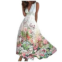 Bohemian Sleeveless Dress Sexy V Neck Waistband Long Sleeve Botanical Print A-line Swing Chiffon Dress 2024