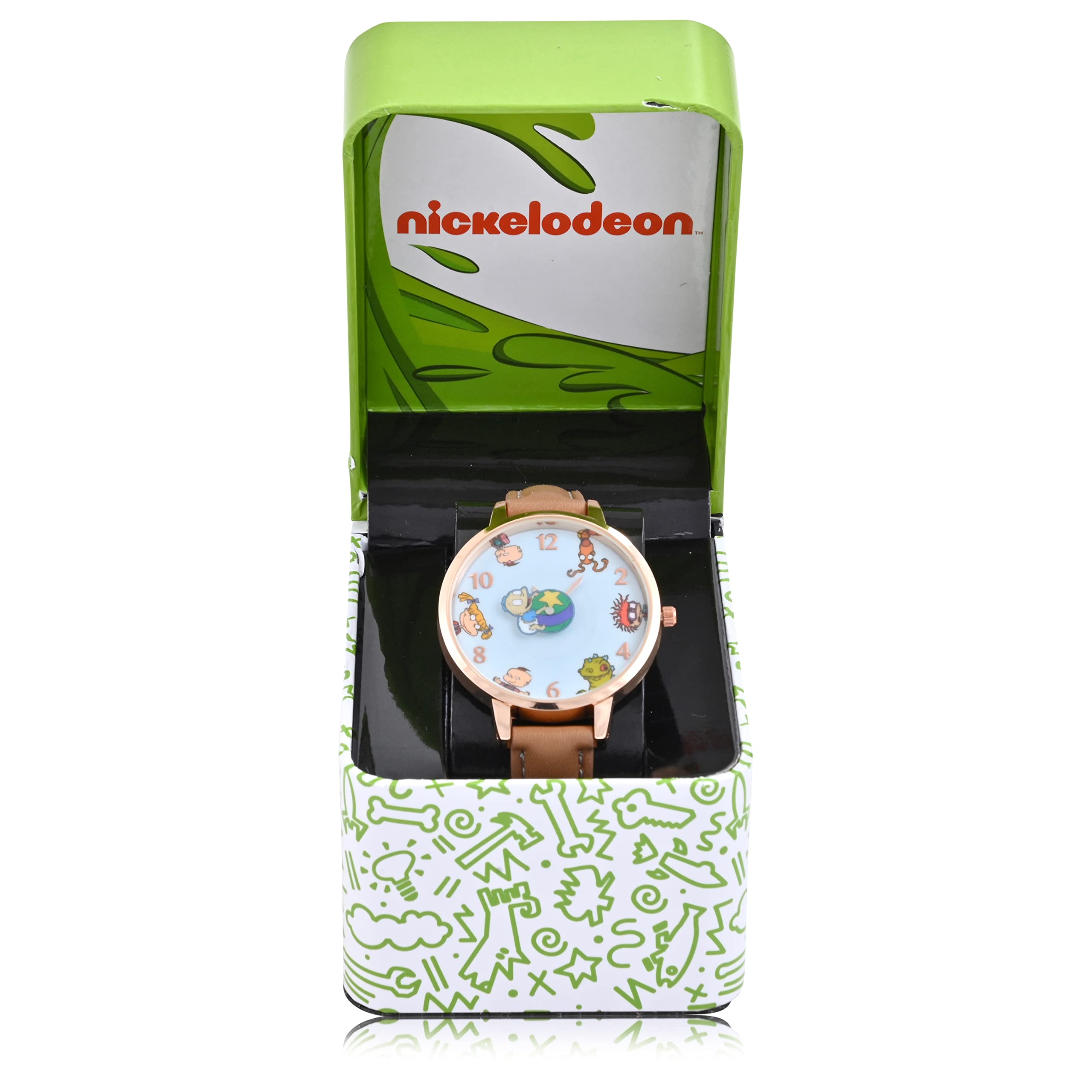Accutime Nickelodeon Rugrats Adult Women's Analog Watch - Faux Brown Leather, Glass Dial Face, Gold Mattle Case, Female, Analog Wrist Watch in Brown (Model: NIC5023AZ)