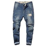 Men's Vintage Ripped Hip Hop Jeans Distressed Side Pocket Stretch Denim Pants Patches Slim Fit Harem Jean Trousers