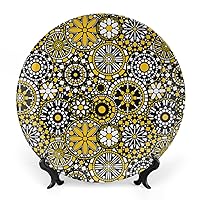 Decorative Ceramic Plate Round Porcelain Plate,10 inch,Yellow Retro Pattern,for Fine Dining Upscale Events, Dinner Parties, Weddings, Catering,Yellow Black White