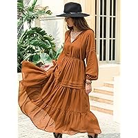 Womens Fall Fashion 2022 Lantern Sleeve Flippy Hem Dress (Color : Brown, Size : Large)