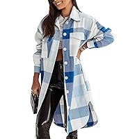 Flygo Women's Plaid Long Flannel Shirts Jacket Lapel Button Down Pocketed Shirt Shacket