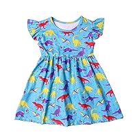 Little Girls Dresses Cartoon Dinosaur Printed Casual Dress Flutter Sleeve A-Line Clothes for Toddlers 1-8Y
