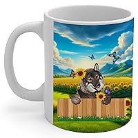 Lovesout Farmhouse Fence-Themed Design with Black Sesame Shikoku Dog Coffee Mug White Ceramic Tea Cup 11oz Puppy Owner Gifts