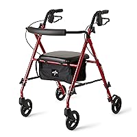 Medline Superlight Folding Aluminum Mobility Rollator Walker, Red, 250 lb. Weight Capacity, 6