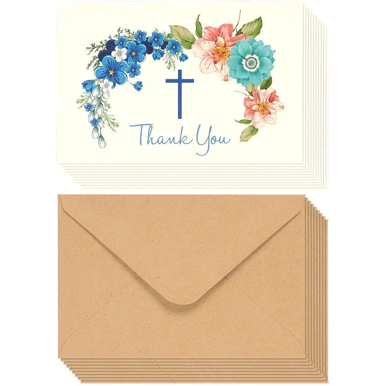 48 Pack Christian Thank You Cards With Envelopes, Bulk Baptism, Religious Greeting Notes for Christening, Wedding, Communion, Floral Cross Design (4 x 6 In)