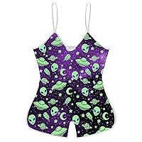 Galaxy Alien Funny Slip Jumpsuits One Piece Romper for Women Sleeveless with Adjustable Strap Sexy Shorts