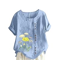Womens Cotton Linen Summer Tops Short Sleeve Button Up Oversized Shirts Dressy Casual Elegant Crewneck Printed Blouses