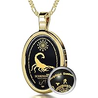 Scorpio Necklace Zodiac Pendant for Birthdays 24th October - 22nd November Star Sign and Personality Characteristics Pure Gold Inscribed in Miniature Details on Onyx, 18