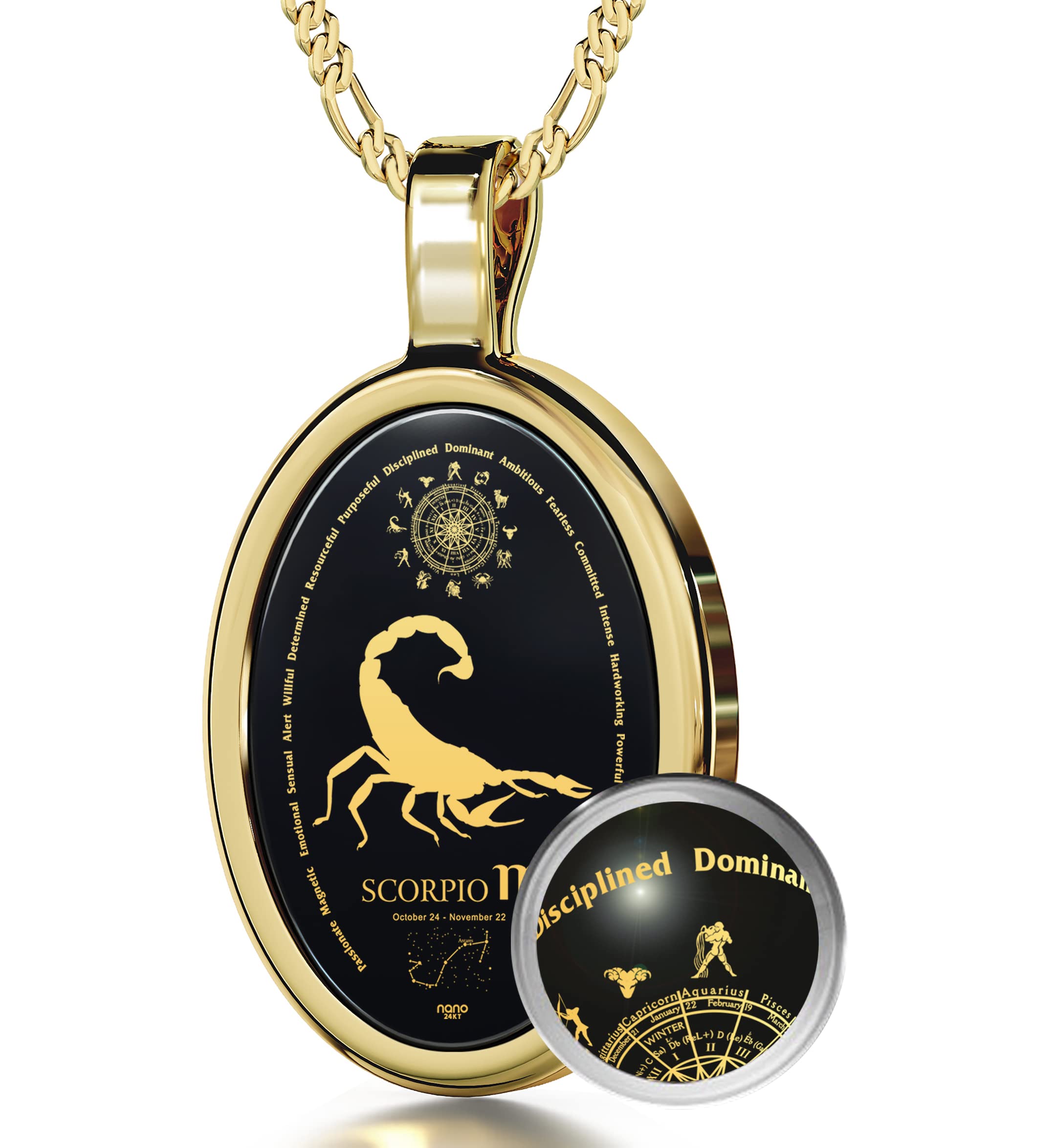 Scorpio Necklace Zodiac Pendant for Birthdays 24th October - 22nd November September May Star Sign and Personality Characteristics Pure Gold Inscribed in Miniature Details on Onyx, 18