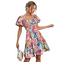 Women's 2023 Summer Dress Square Neck Floral Print Puff Sleeve Shirred Ruffle Hem A-Line Short Dresses