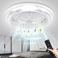 Low Profile Ceiling Fan with Lights Remote Control,18”3-Colors 3-Speeds Enclosed Bladeless 72W Smart Dimmable Flush Mount Ceiling Fan 7 Blades Timing,for Bedroom