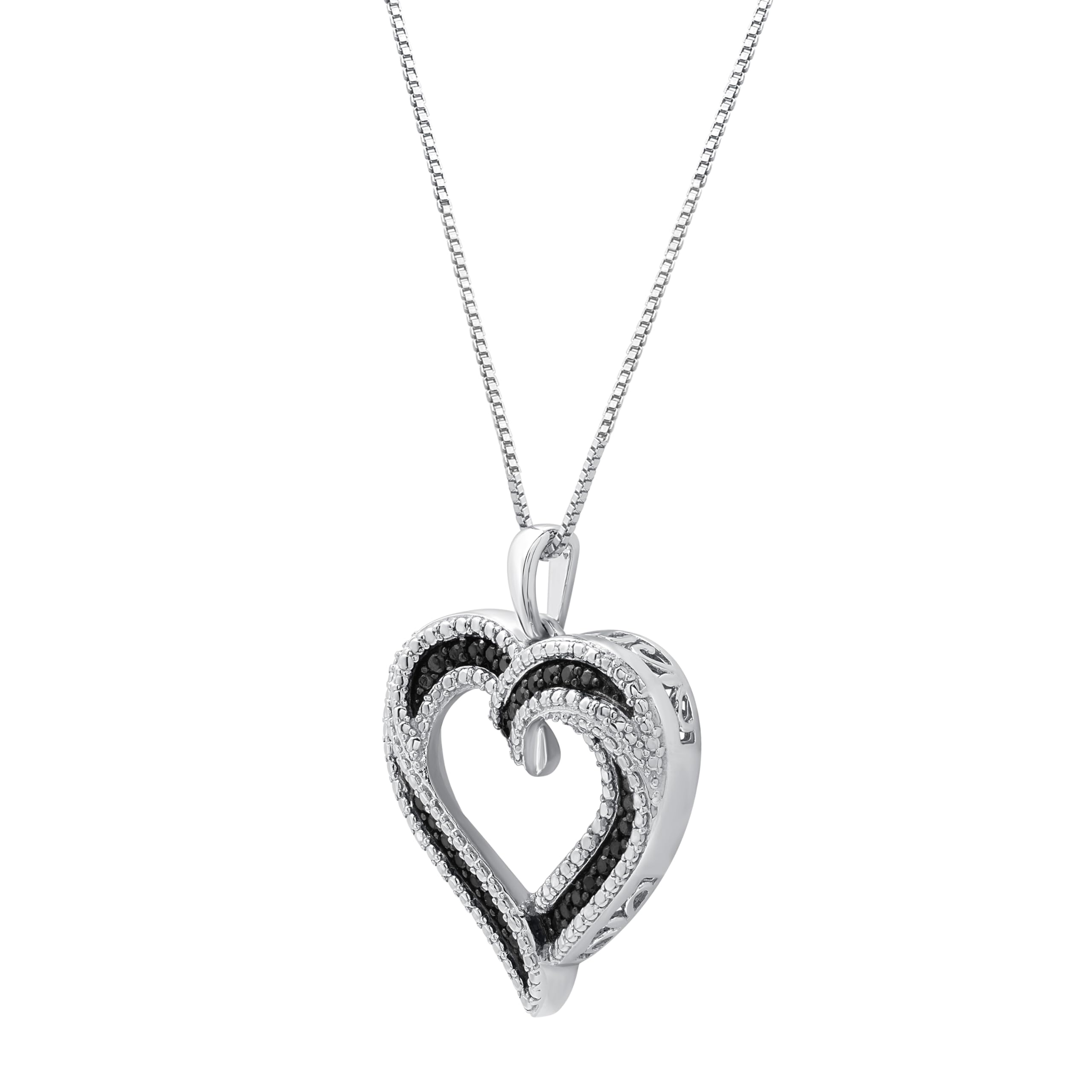 GILDED Sterling Silver 1/4cttw Natural Round-Cut Black Diamond Heart Pendant-Necklace with an 18 Inch Chain