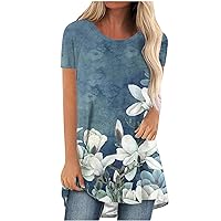 Cute Summer Tops for Women 2023 Sexy Floral Print Tees Dressy Casual Tunic Blouses Round Neck Henley Basic T Shirts