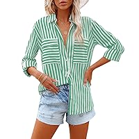 OMSJ Women's Striped Button Down Shirts Casual Long Sleeve Stylish V Neck Blouses Tops with Pockets
