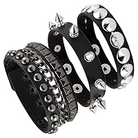 Eigso 3 Pcs Leather Punk Bracelets for Men Women of Rock Rivet Wrap Retro Spike Bracelet Adjustable