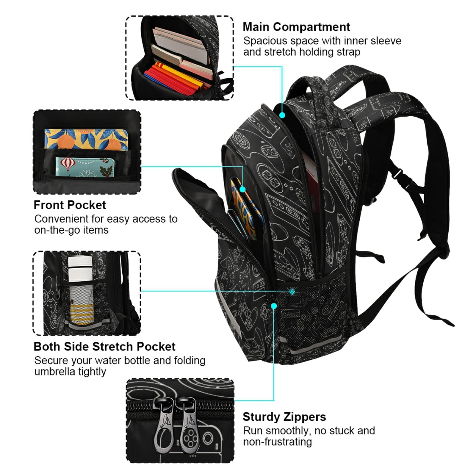 MNSRUU Elementary School Backpack Video Game Controller Kid Bookbag for Boy Age 5 to 13