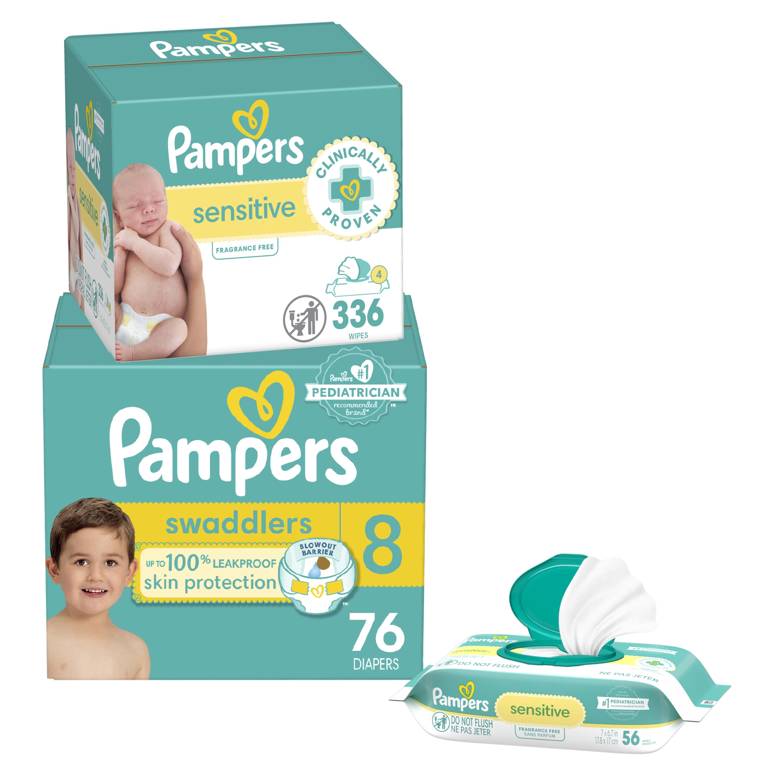 Diapers Size 8, 76 Count and Baby Wipes - Pampers Swaddlers Disposable Baby Diapers and Pampers Sensitive Baby Wipes - 84 Count