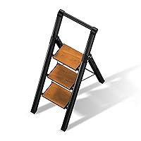 3 Step Ladder, Folding Step Stool with Aluminum Wide Pedal& Convenient Handgrip, 330lbs Capacity Steel Ladder for Household and Office (Black & Woodgrain)