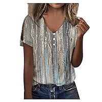 Womens Casual Tops Shirts Classy Pattern Button V-Neck Pullover Tops Trendy Crop Short Sleeve Blouses