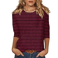 3/4 Sleeve Sweaters for Women,3/4 Length Sleeve Womens Tops Round Neck Stripe Print T Shirts 2024 Summer Solid Color Loose Fit Cute Blouse Womens T Shirts