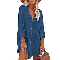 Pink Queen Women V Neck Casual Loose Button Down Dresses Blouse Tunic Shirt Short Mini Dress with Pockets Blue M