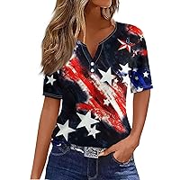 4th of July Outfits for Women American Flag Elements Print Button V-Neck Short Sleeve Fashion Tops, S-3XL