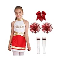 YiZYiF Kids Girls Halloween Cheer Leader Costume Cheering Uniform Gymnastic Dance Dress with Pom Poms Stockings Hair Tie