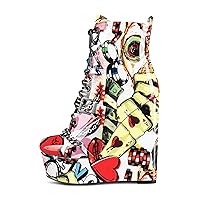 Castamere Womens High Wedge Platform Heel Round Toe Lace-up Zipper Ankle Boots Short Bootie Metal Chain Prom 5.9 Inches Heels