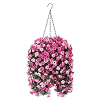 Artificial Flowers in Hanging Basket for Outdoors Indoors Decor, Artificial Mums Bush Flowers Plants with Baskets for Home Porch Garden Yard Patio Spring Decoration(Twin Pink)