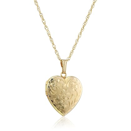 Amazon Collection 14k Engraved Flowers Heart Locket Necklace, 18