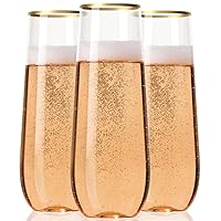 30 Plastic Stemless Champagne Flutes - Disposable Unbreakable 9 Oz toasting glasses, With Gold rim | Reusable, Clear, Fancy & Shatterproof Champagne Glasses - Ideal for Weddings, Birthdays, Parties