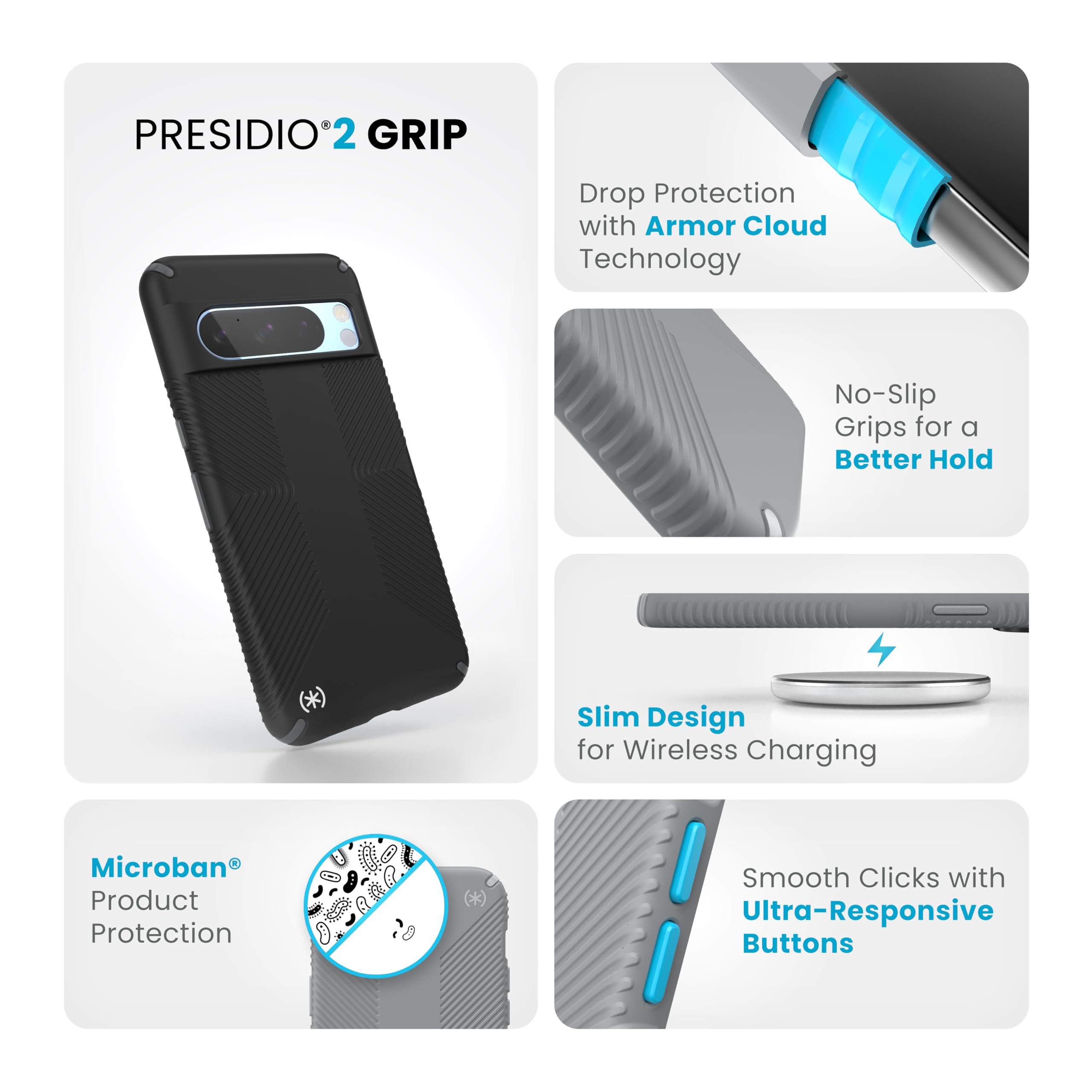 Speck Google Pixel 8 Pro Case - Drop Protection Grip - Scratch Resistant, Soft Touch Phone Case for Google Pixel 8 Pro - Presidio2 Grip Black/Slate Grey/White