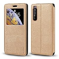 Sony Xperia 1 III Case, Wood Grain Leather Case with Card Holder and Window, Magnetic Flip Cover for Sony Xperia 1 III Gold
