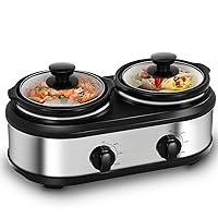 Double Slow Cooker, Buffet Servers and Warmers, Dual 2 Pot Slow Cooker Food Warmer, Adjustable Temp Dishwasher Safe Removable Ceramic Pot Glass Lid, 2 x 1.25 QT Portable Small Crock Cooker
