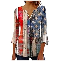 Women's Fashion Seventh Sleeve Independence Day Printed V-Neck Short Sleeve Button Up Beach Hawaiian Shirt