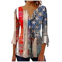 4th of July Shirt Independence Day 3/4 Sleeve Tops for Women USA Printed Casual Summer Tshirts 2024 Blouse Tees