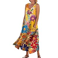 Women's Dresses 2024 Sleeveless Dress Summer Casual Fashion Printed Round Neck Pocket Dress, S-3XL