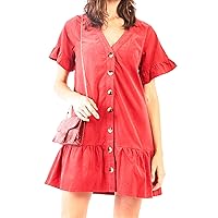 Women's Rust V-Neck Button Down and Ruffle Sleeve Dress