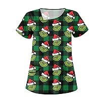 Women's Character Scrub Tops Classic Christmas Pattern Slant Collar Short Sleeve Nurse Uniforms Stretch T Shirts