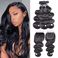 Brazilian Hair 3 Bundles with Closure (20 22 24+18,Free Part) Body Wave 5x5 Virgin Hair Lace Closure with Bundles Unprocessed 1B Color Double Wefts Body Wave Bundles with Closure