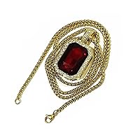 Square Ruby Red Gem Stone Pendant Charm with Gold Rope Chain Necklace (Red & 30Inch Box Chain Necklace)